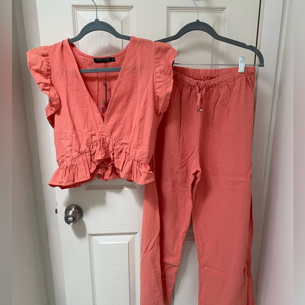 Allegra K Coral Ruffle Sleeve Top and Pants Set